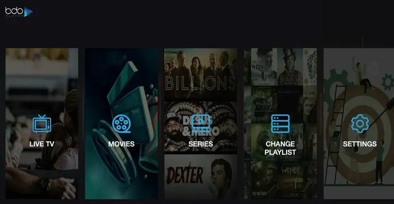 Bob Player home screen with Live TV, Movies, Series, Change Playlist and Settings