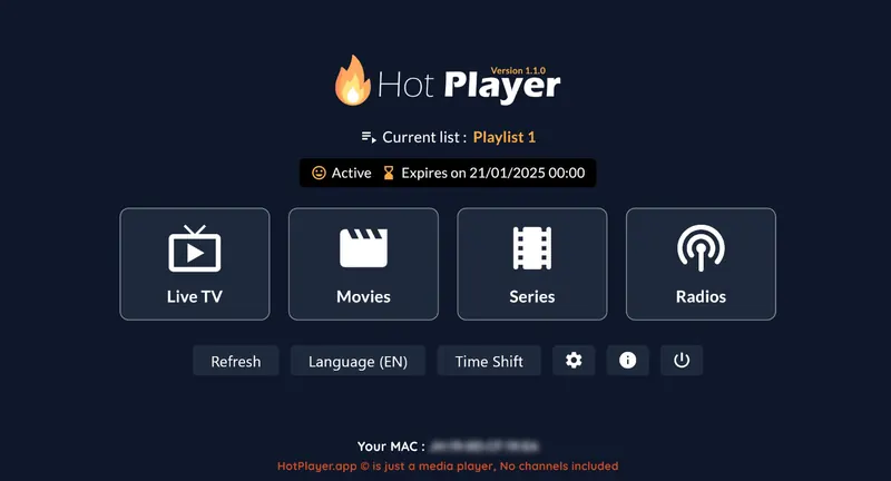 Hot Player home screen showing the active playlist with Live TV, Movies, Series and Radios