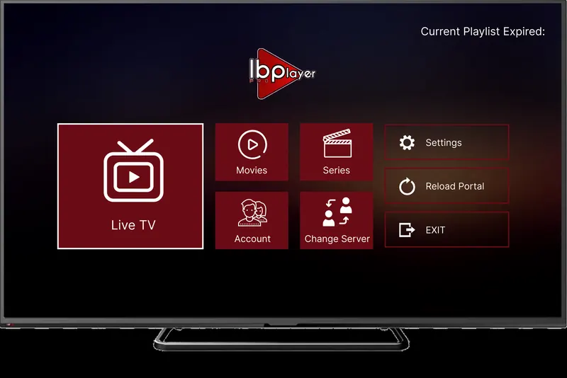 IBO Player Pro home screen on a TV with Live TV, Movies, Series and Account tiles