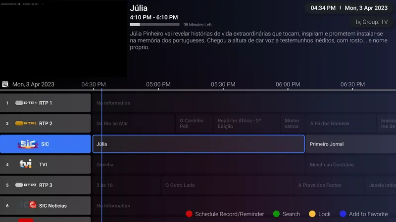 iMPlayer TV guide listing channels with programme times and a highlighted show