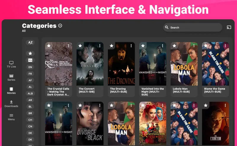 IPTV Expert on Windows showing a grid of films sorted by category