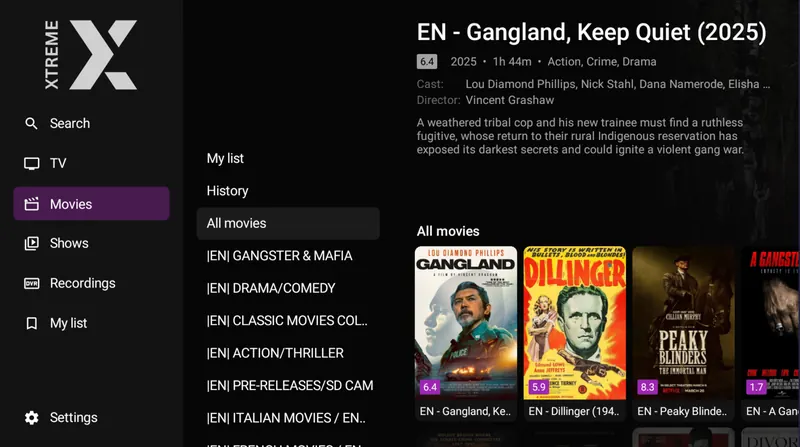 XtremeHD Player film library with categories down the side and film posters