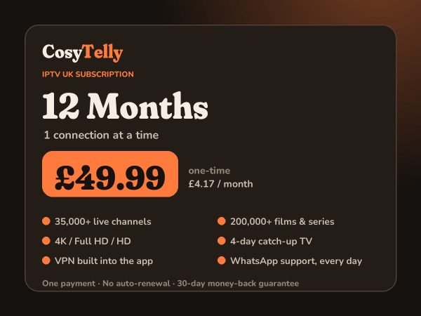 CosyTelly IPTV UK plan card: iptv uk 12 months 1 connection