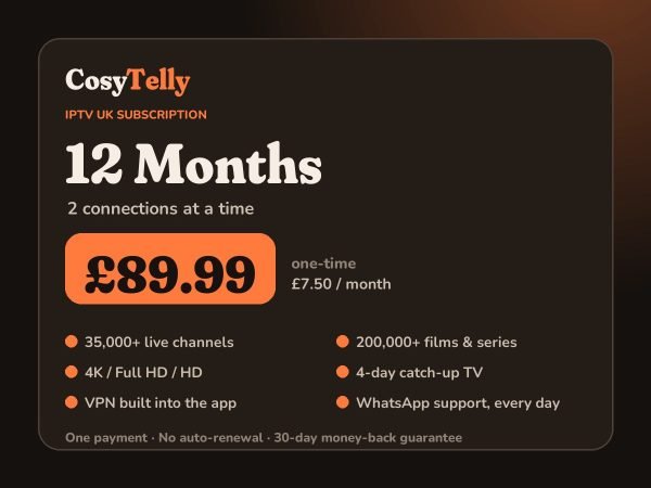 CosyTelly IPTV UK plan card: iptv uk 12 months 2 connections