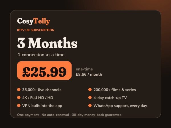 CosyTelly IPTV UK plan card: iptv uk 3 months 1 connection